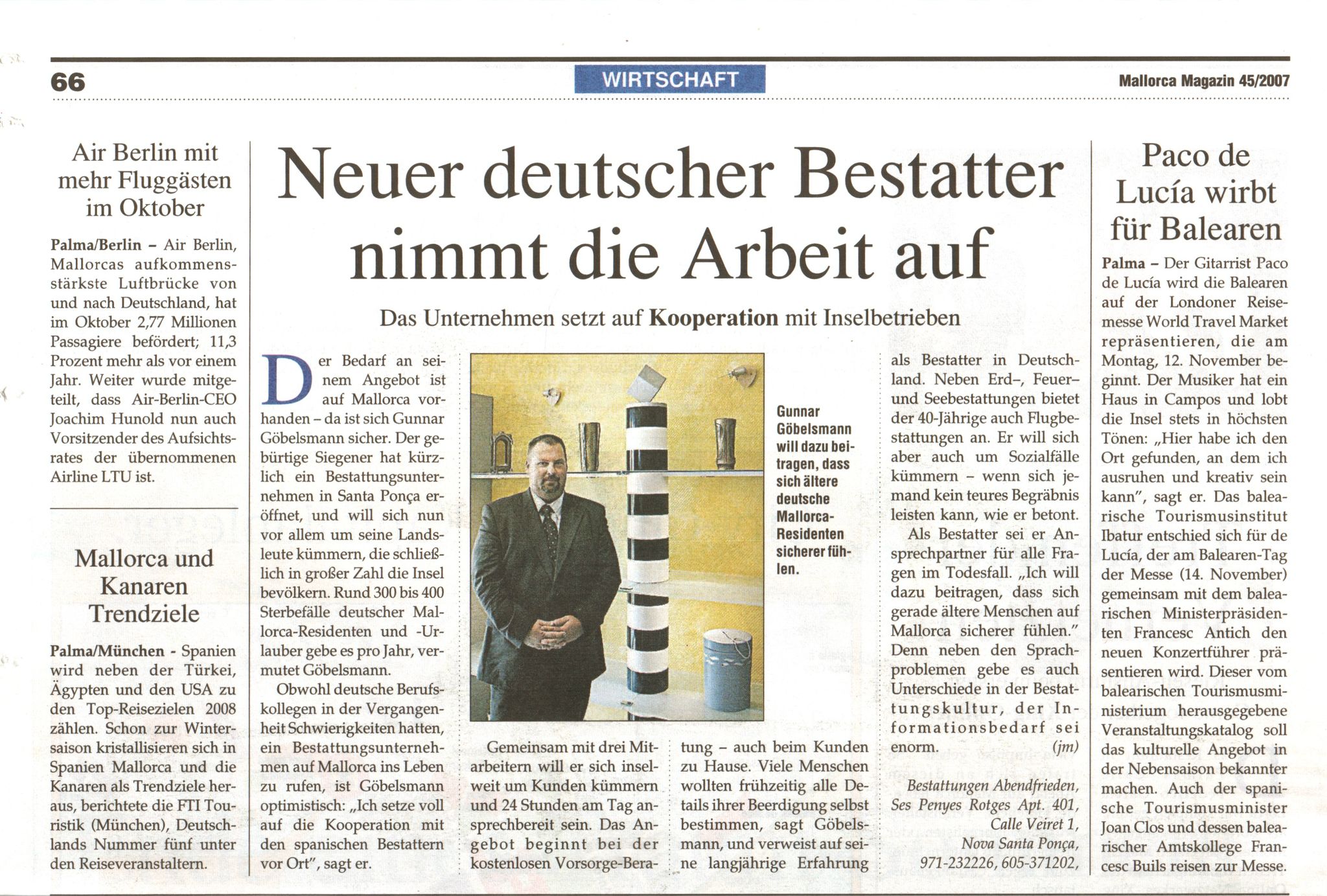 Zeitungsartikel über Abendfrieden Bestattungen